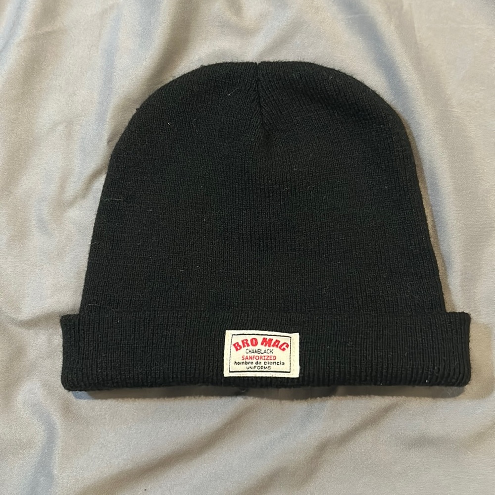 Black beanie hat.